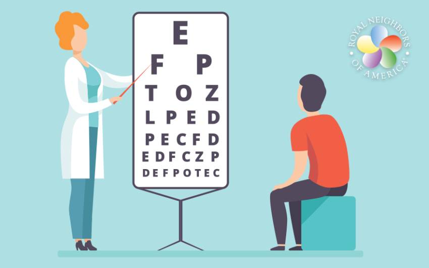Female doctor pointing at eye chart for patient to read.