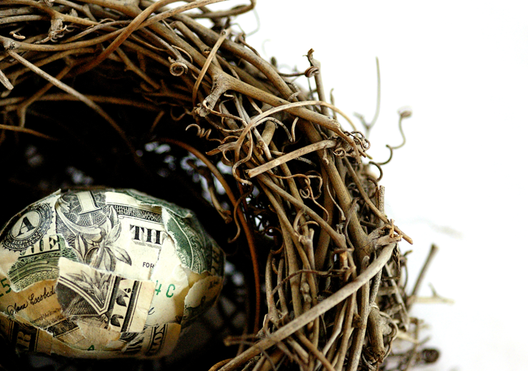 Dollars in an egg shape in a bird's nest.