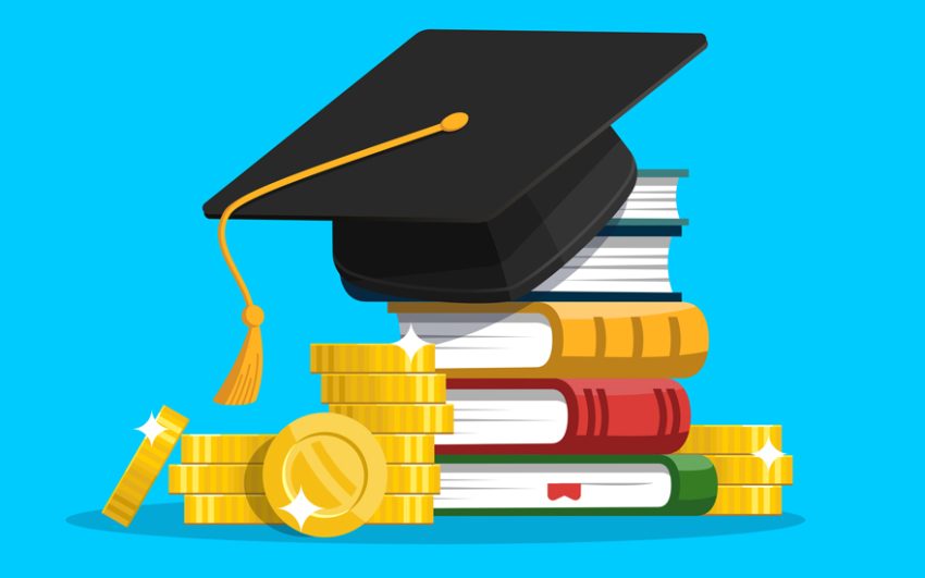 A stack of books topped with a graduation cap, surrounded by gold coins