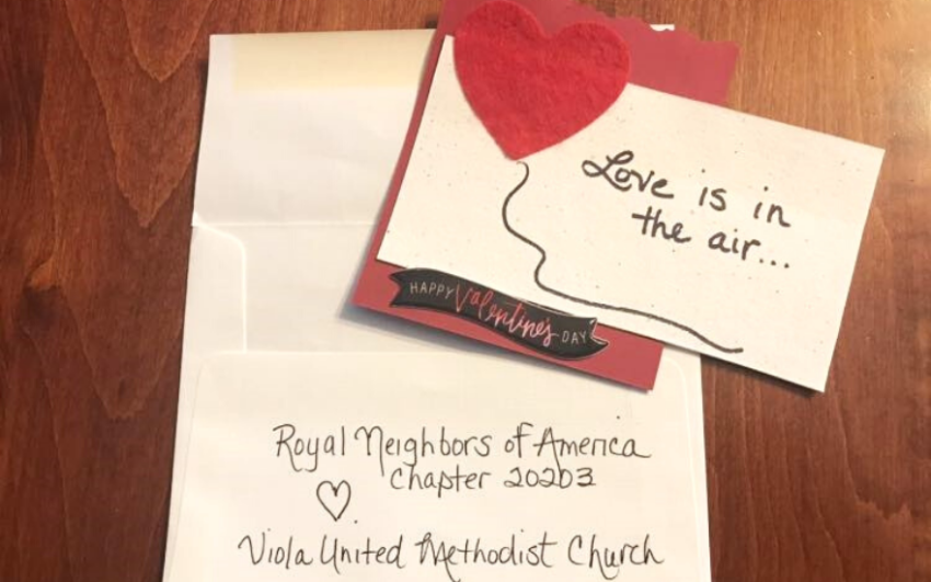 A "love is in the air" Valentine's card from Royal Neighbors of America Chapter 20203 and Viola United Methodist Church