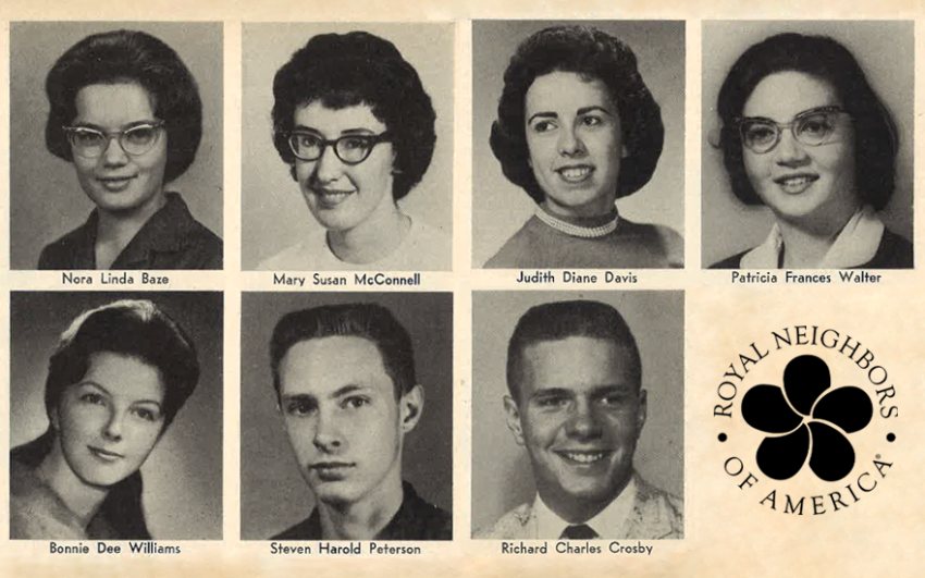 1961 Scholarship recipients Nora Lina Baze, Mary Susan McConnell, Judith Diane Davis, Patricia Frances Walter, Bonnie Dee Williams, Steven Harold Peterson, and Richard Charles Crosby