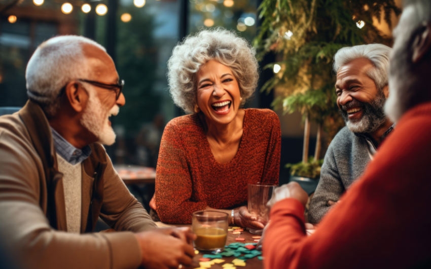 Older friends laughing at a table with board game pieces and coffee.