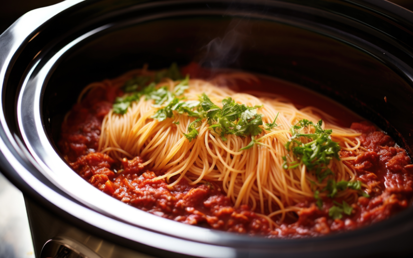 Spaghetti noodles on top of spaghetti sauce in a black slow cooker close up.