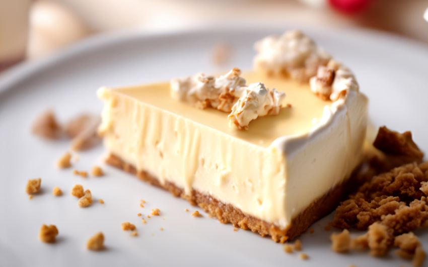 Close-up of eggnog pie slice with whipped cream, nutmeg on top, and graham cracker pieces sprinkled on the plate.