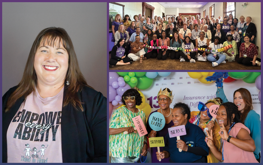 Collage image with a close up of a smiling woman, a big group with a colorful paper chain, and a smaller group with balloons and photo props.